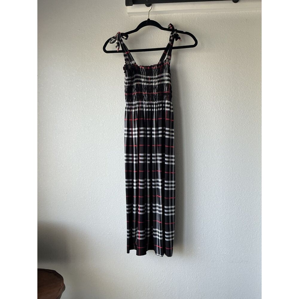 Black Plaid Maxi Dress Smocked Bodice Tie Straps Tartan Sleeveless Long